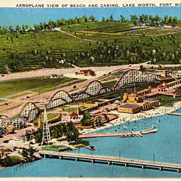 c1930s Aeroplane View Of Beach Casino Lake Worth Fort Worth Texas Linen Postcard - Picture 1 of 6